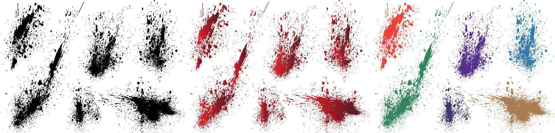 Set of vector splatter purple, orange, black, red, green, wheat color blood grunge style brush stroke background