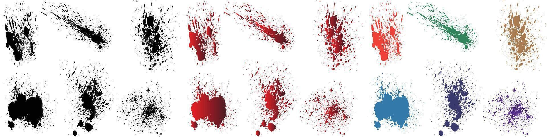 Vector set of blood paint splatter texture ink purple, orange, black, red, green, wheat color paint brush stroke background