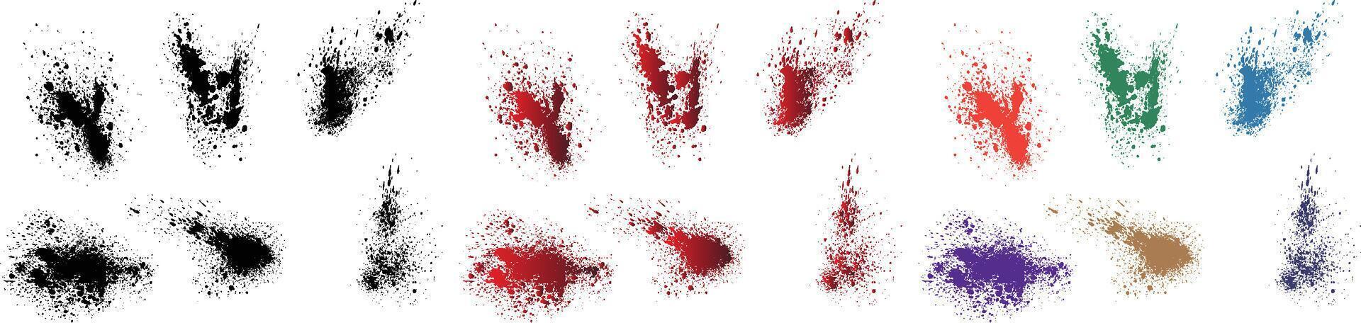 Vector collection of realistic bloody splatter isolated purple, orange, black, red, green, wheat color watercolor paint brush stroke background