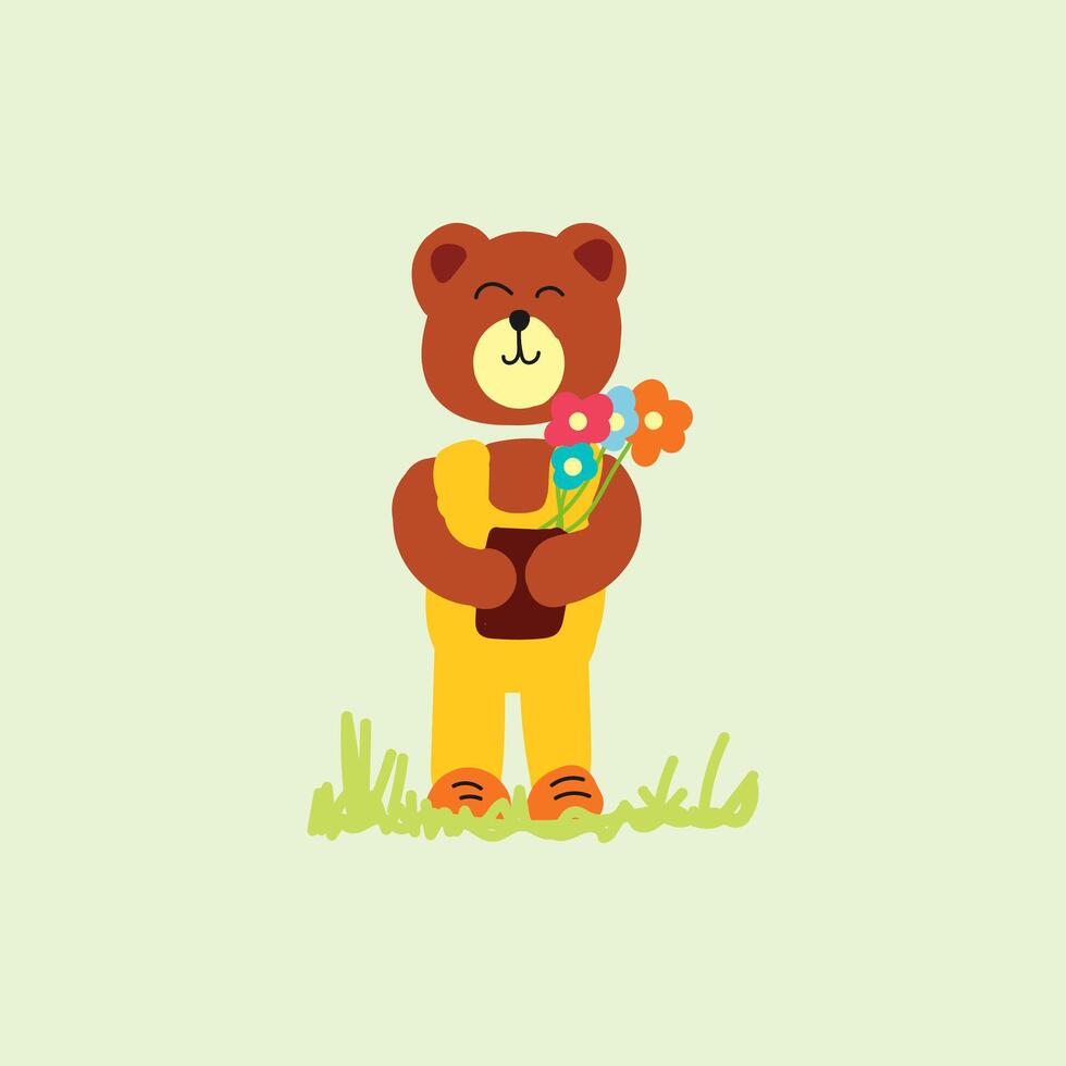 Cute Bear holding flowers vector illustration for fabric, textile and print