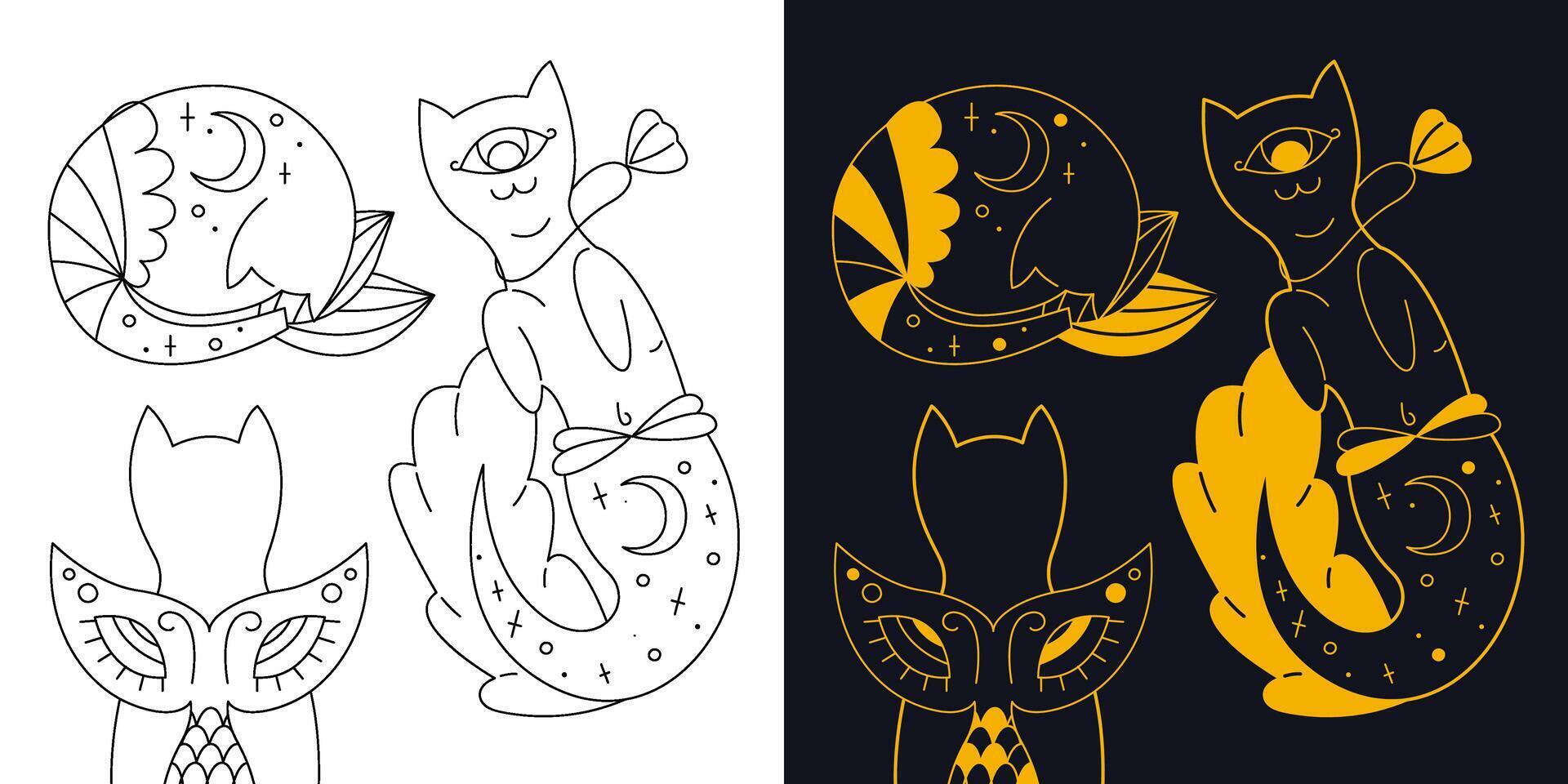 Cute mystical mermaid cats. Two-color and black and white outline vector illustration.
