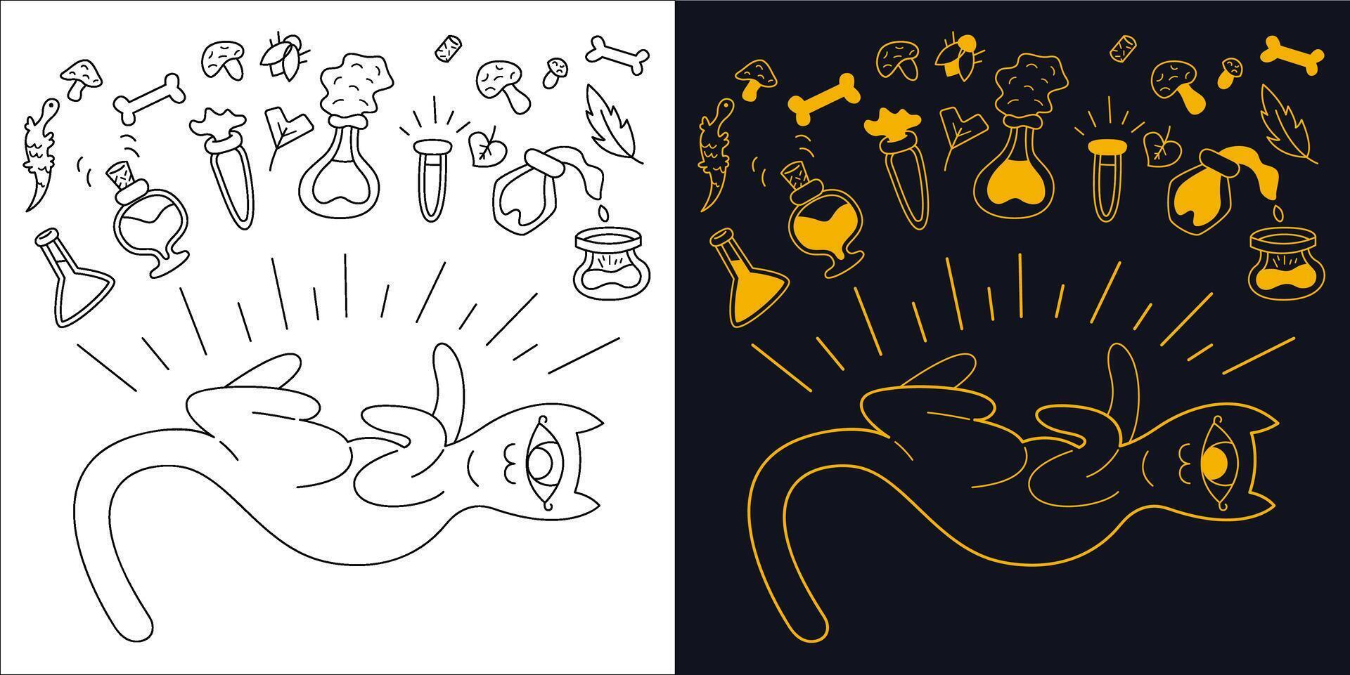 Mystical cute cat with potions. Two-color and black and white outline vector illustration.