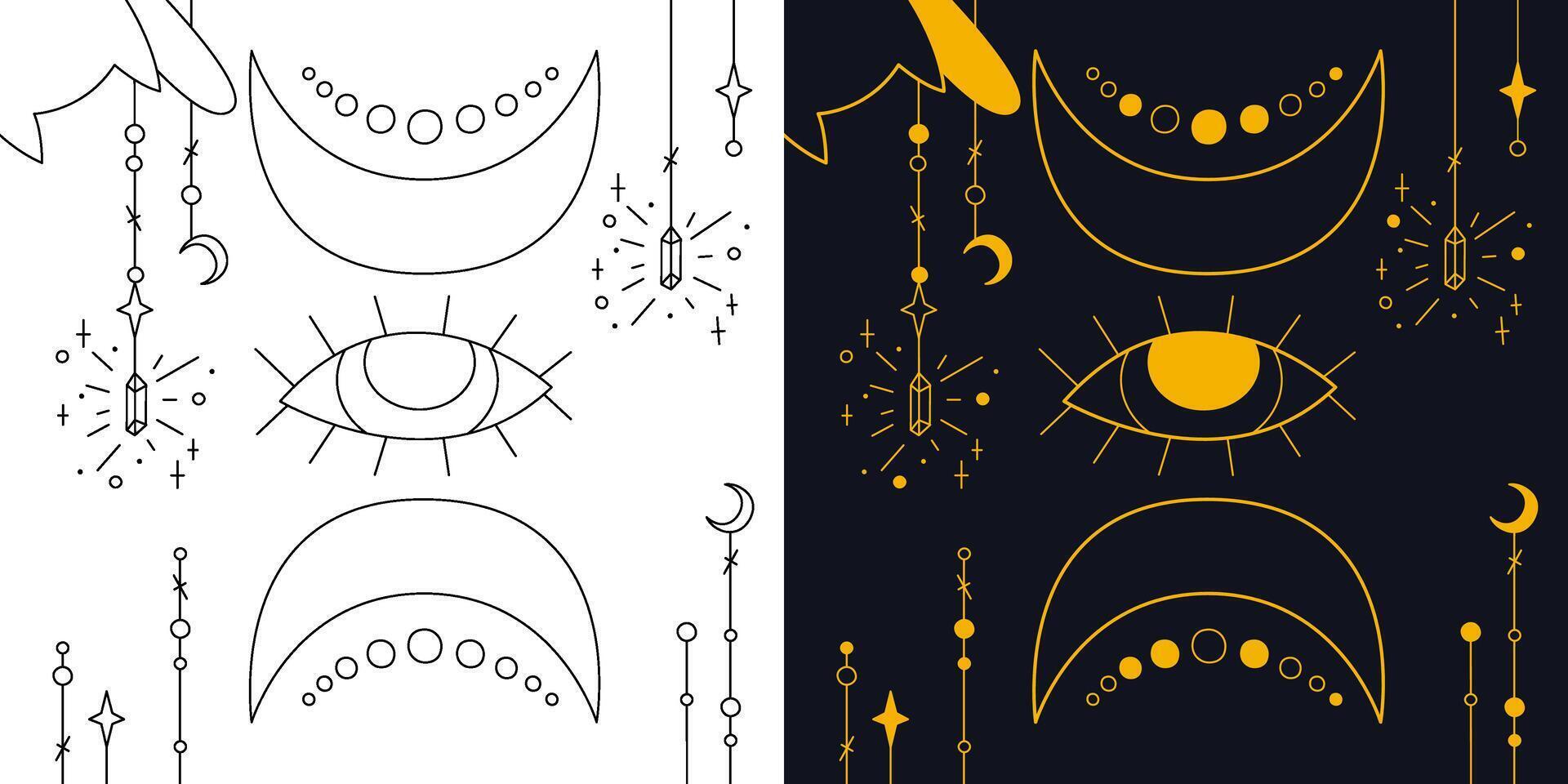 Mystical composition with the all-seeing eye and crescents. Two-color and black and white outline vector illustration.