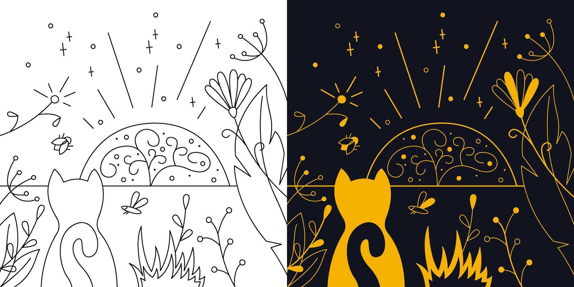 Mystical landscape with flowers and a cat. Two-color and black and white outline vector illustration.