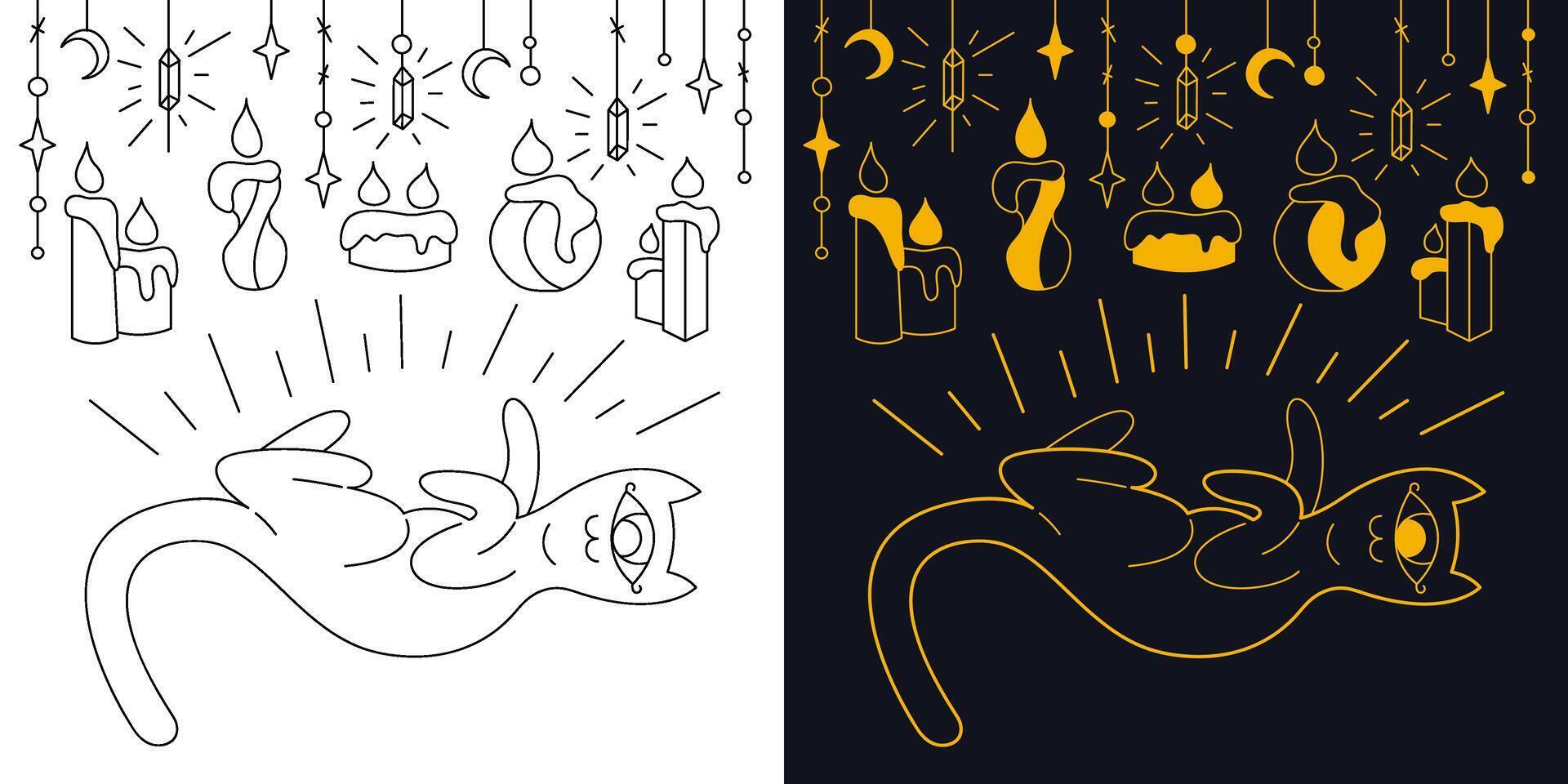 Mystical cute cat with candles. Two-color and black and white outline vector illustration.