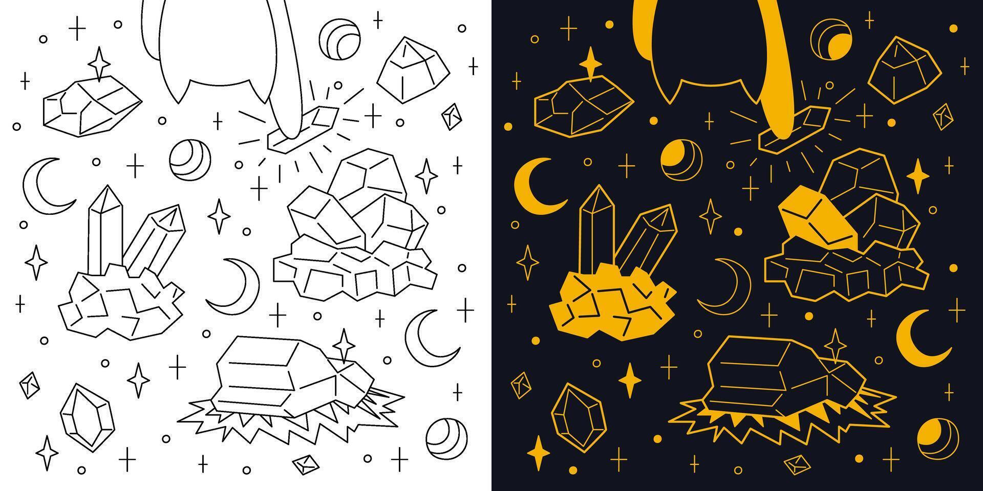 Mystical set of different stones. Two-color and black and white outline vector illustration.