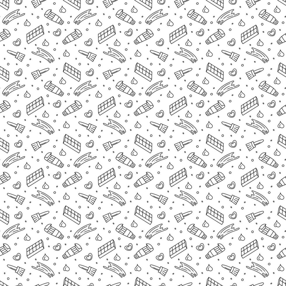 Seamless pattern with box of paints, tube, paint stroke, brush. Doodle outline vector illustration.