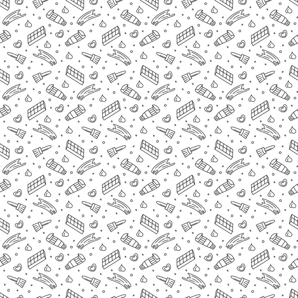 Seamless pattern with box of paints, tube, paint stroke, brush. Doodle outline vector illustration.