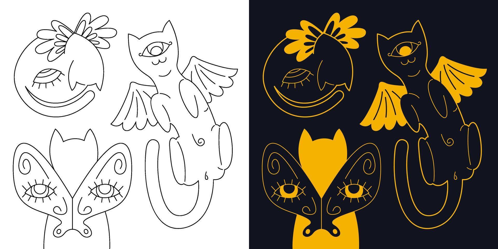 Cute mystical cats with different wings. Color and black and white outline vector illustration.