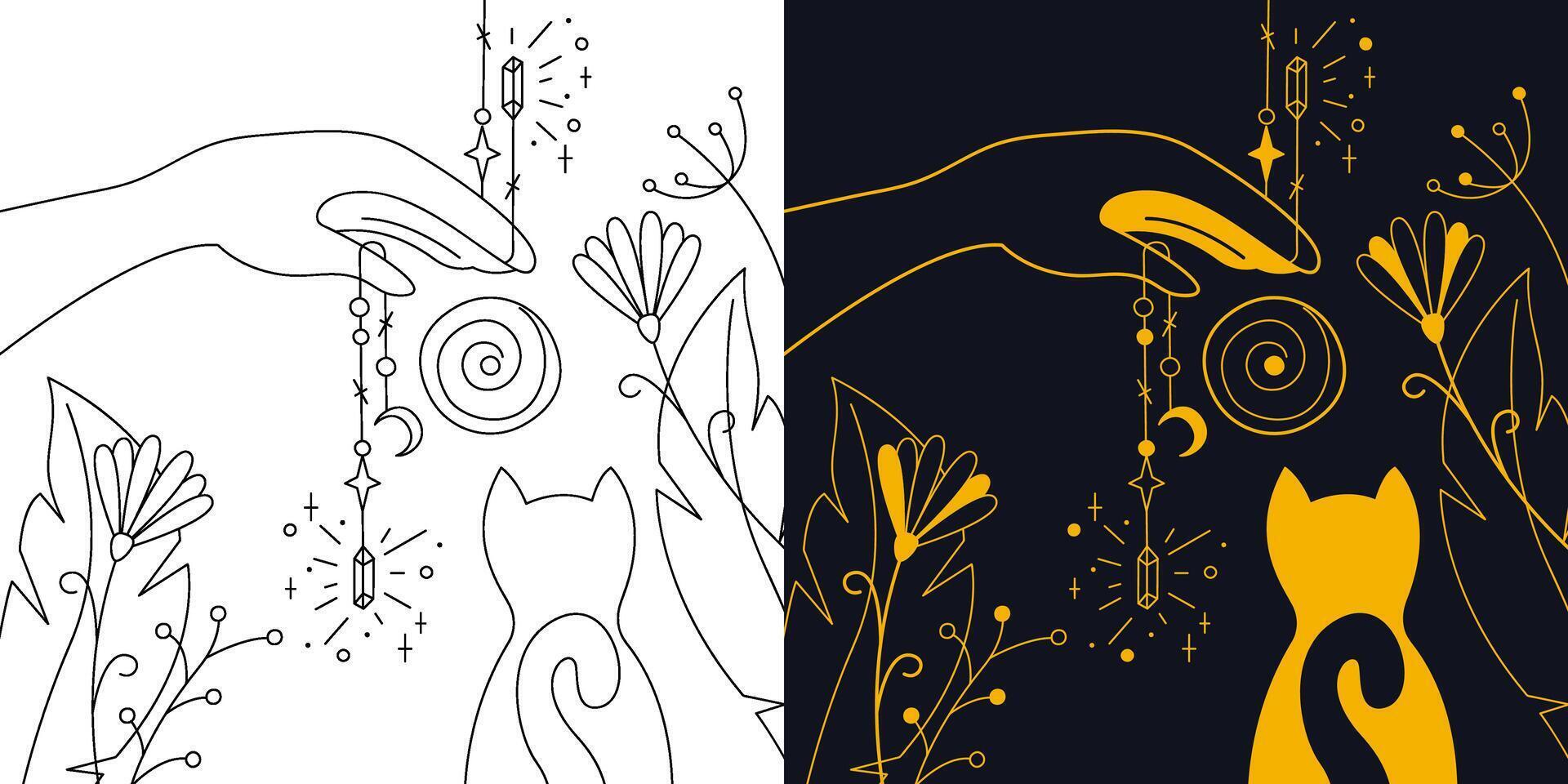 Mystical composition with ritual and cat. Two-color and black and white outline vector illustration.