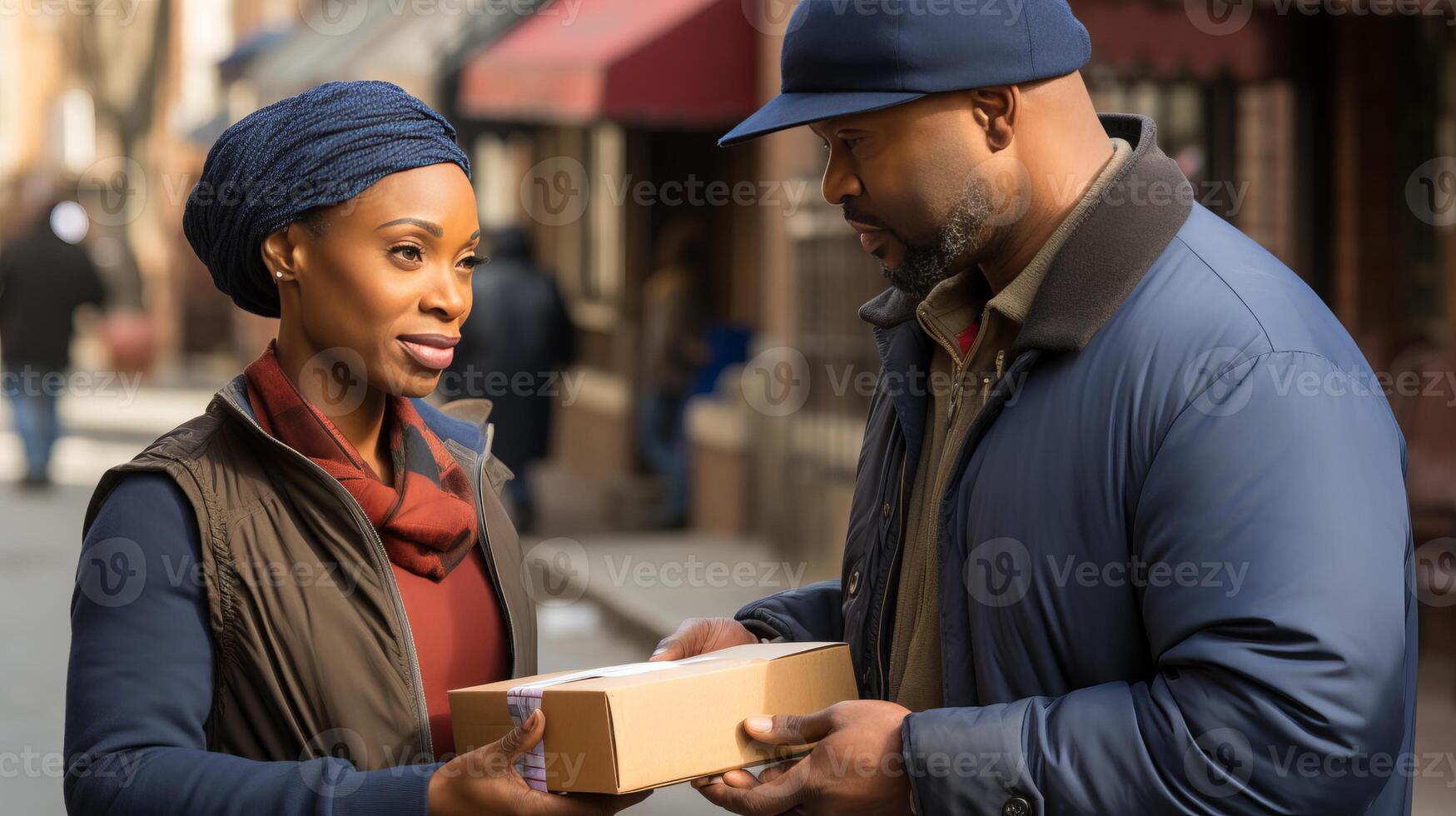 AI generated Woman happily accepting a delivery of multiple boxes from a friendly deliveryman at her doorstep photo