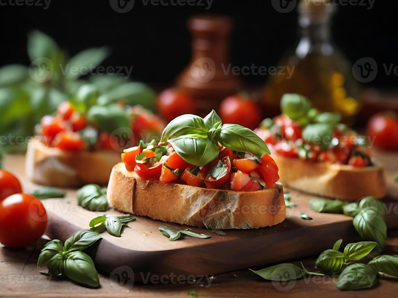 AI generated Bruschetta with tomatoes and basil photo