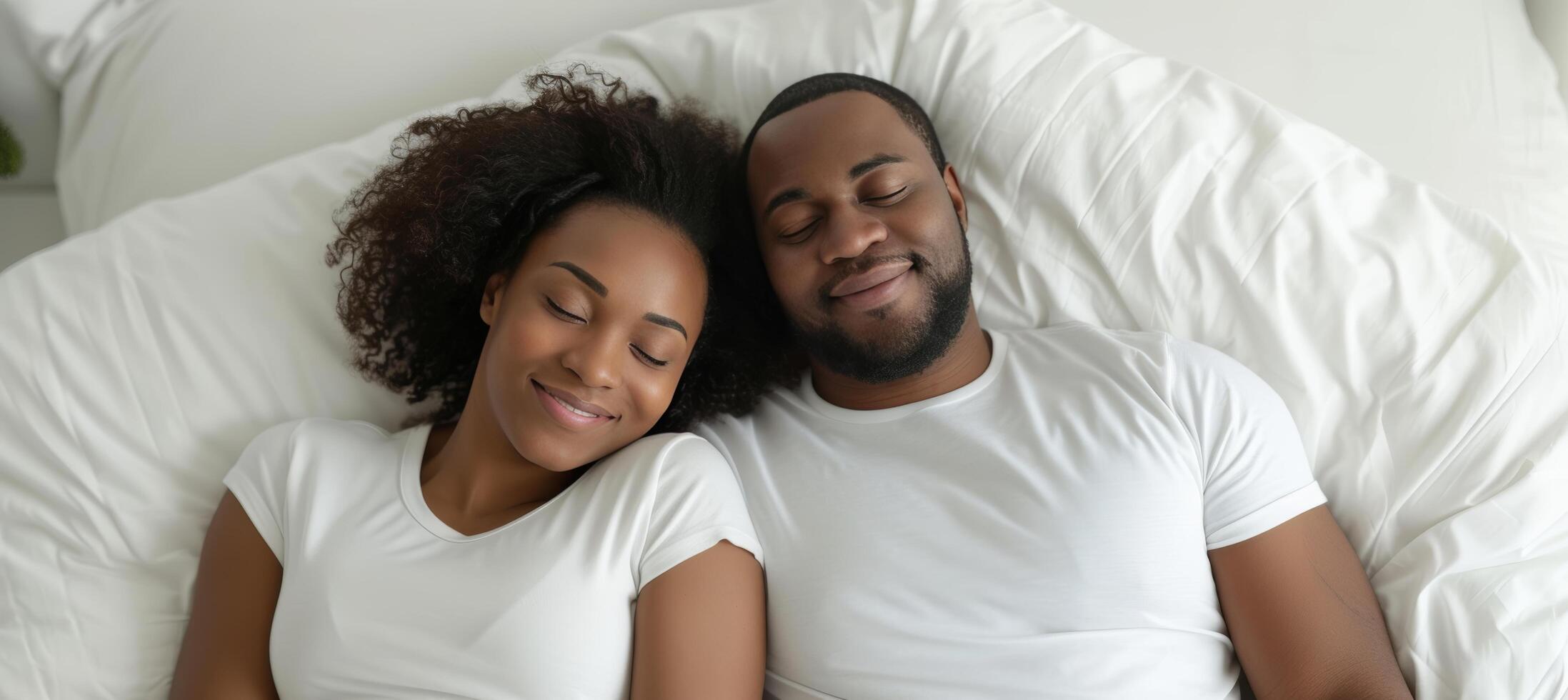 AI generated African american couple in white clothes happily sleeping on bed with copy space for text placement photo