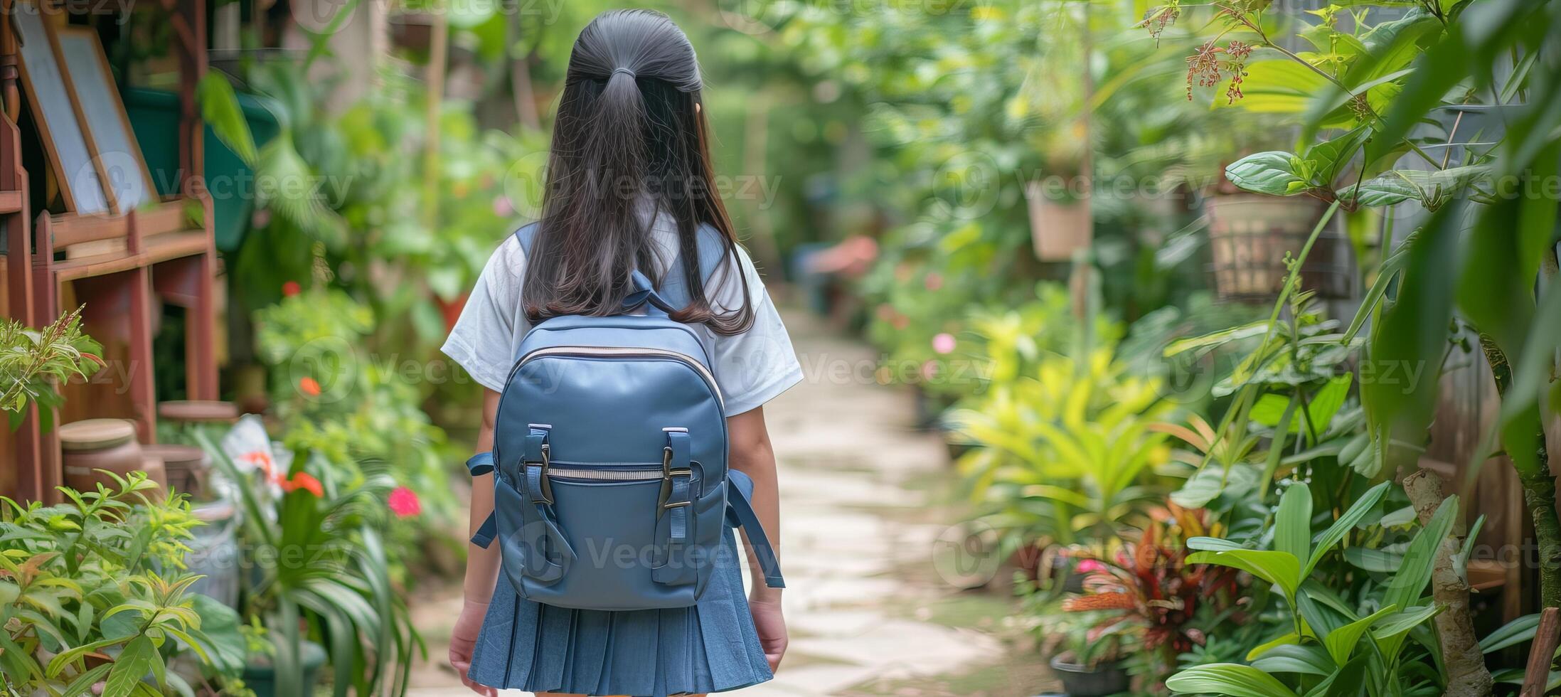 AI generated Smiling elementary student girl walking to school building with copy space for text placement photo