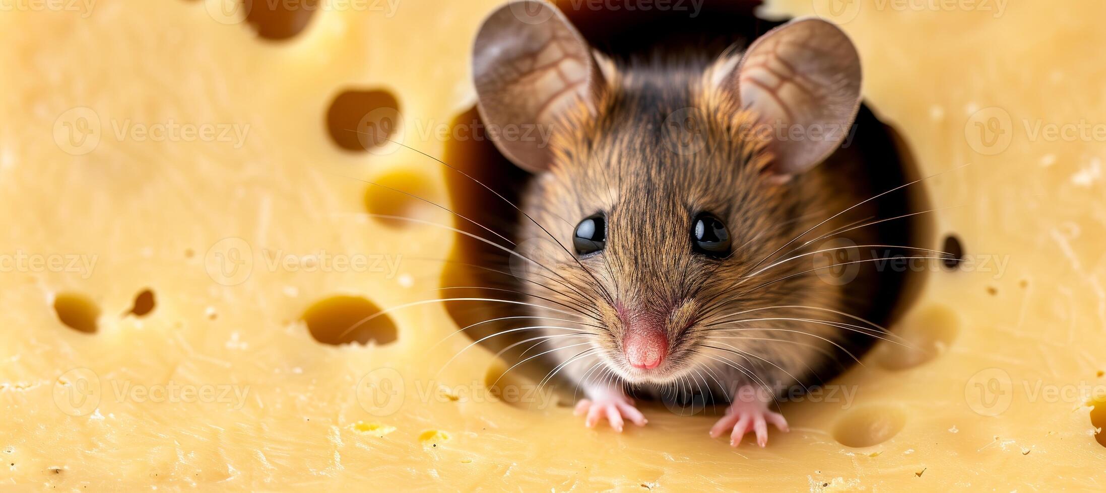 AI generated Curious mouse peeking through a hole in cheese with copy space for text placement, close up shot photo