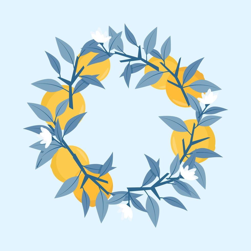 Composition of blue branches and leaves with oranges in a circle vector