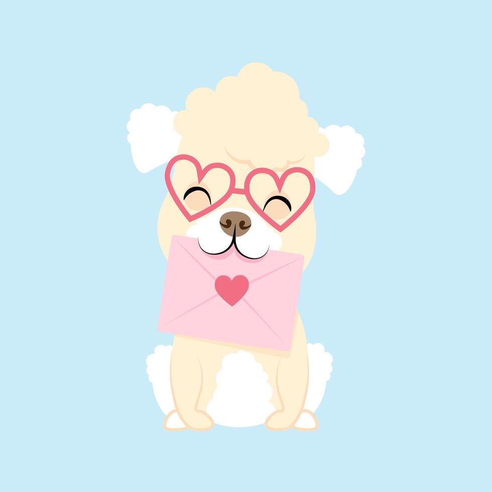 Cute white poodle dog with an envelope with a heart in its teeth vector