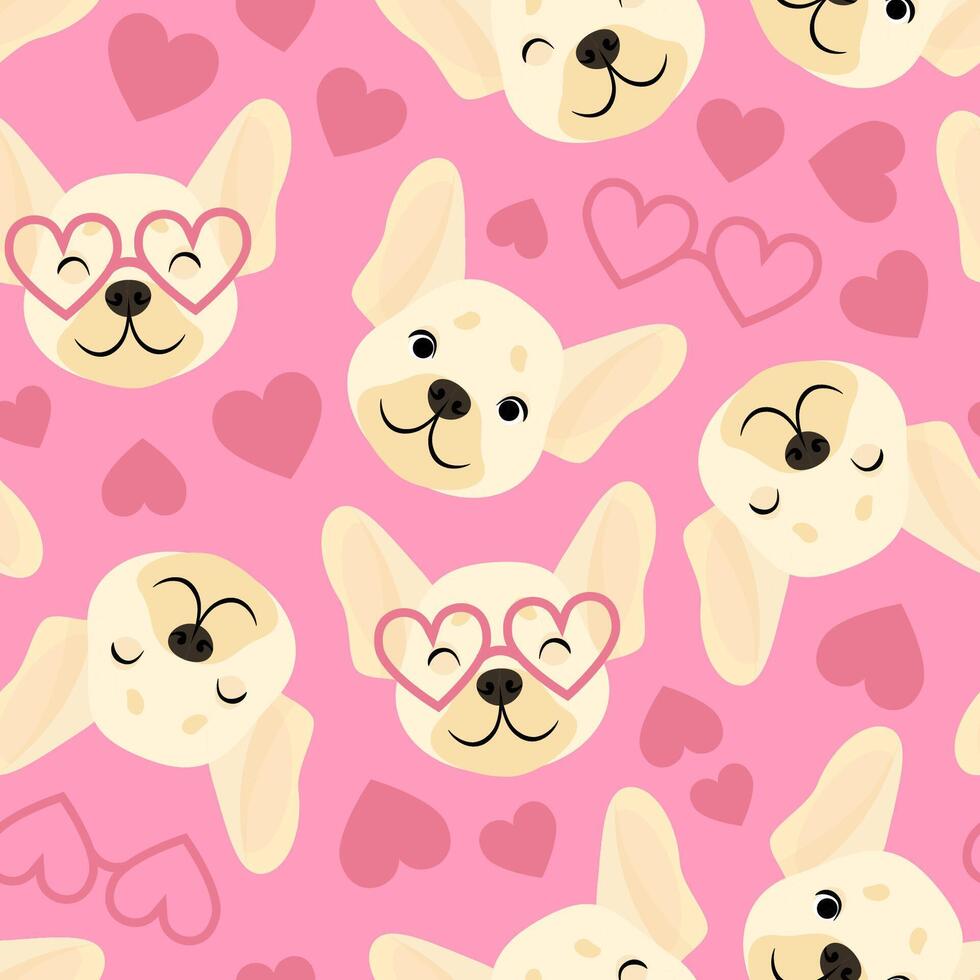 Pink seamless pattern of French bulldog heads with hearts vector