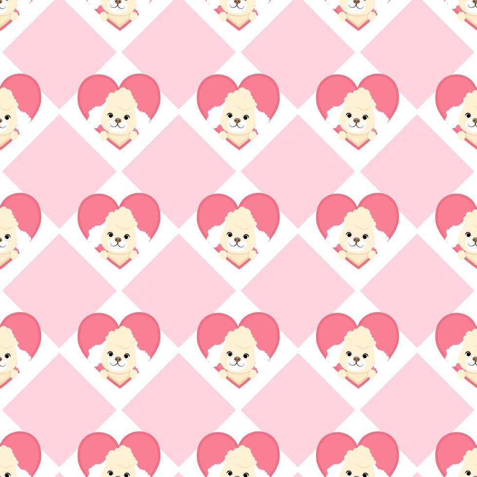 Pink geometric seamless pattern of loving white poodles and hearts vector