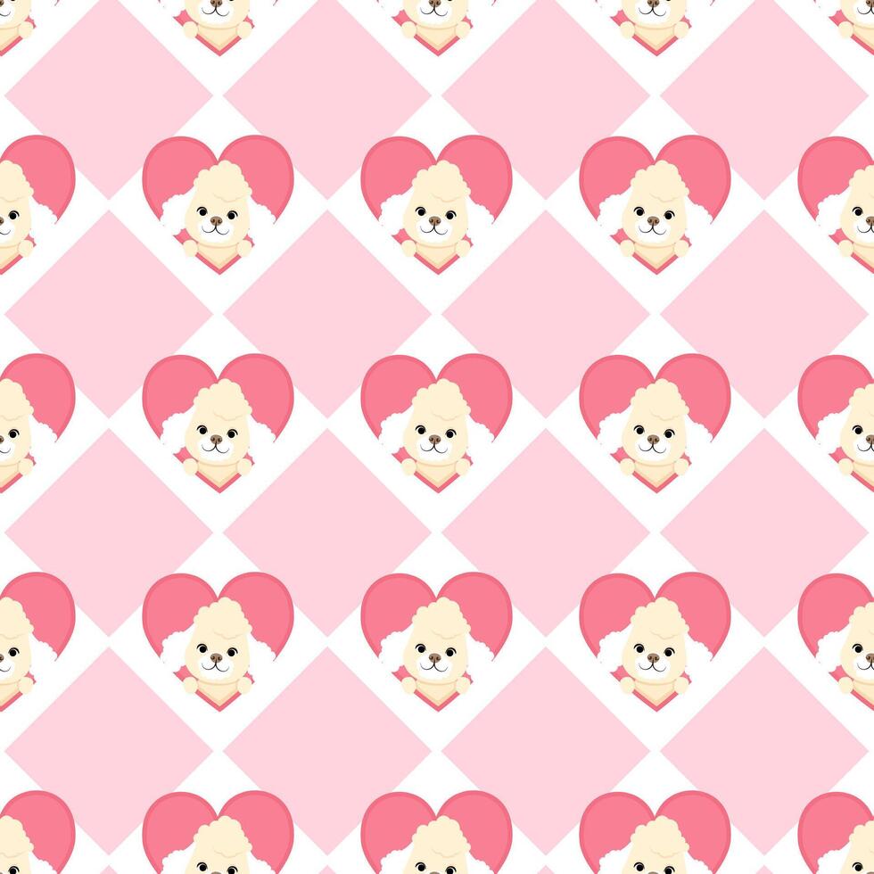 Pink geometric seamless pattern of loving white poodles and hearts vector