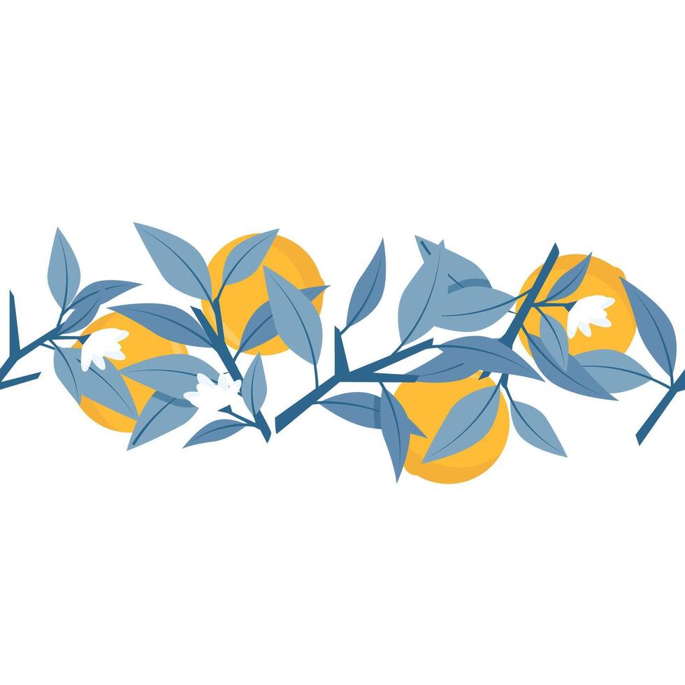 Seamless border of orange and blue branches with leaves and white flowers vector