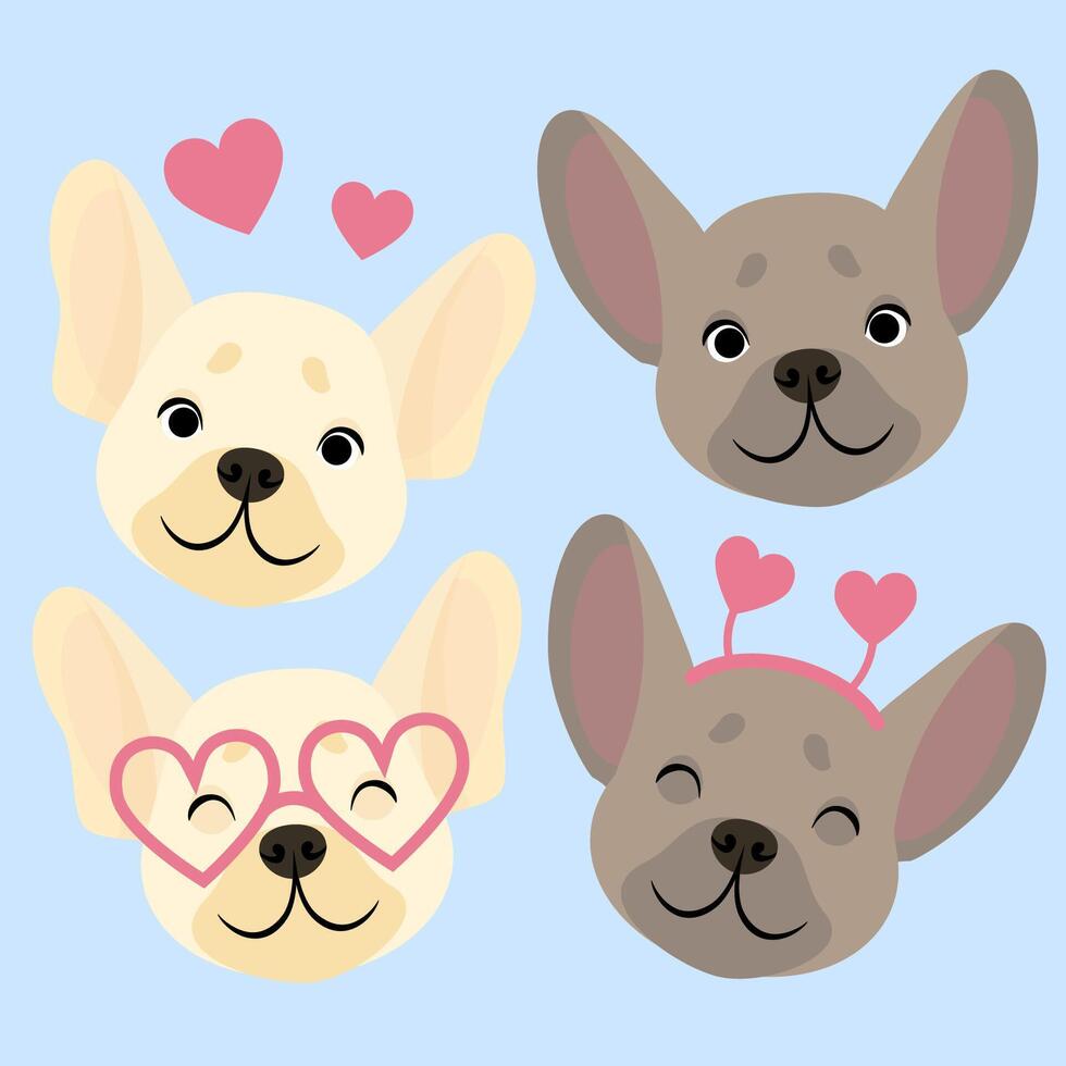 Set of French bulldog heads with heart-shaped glasses and headband with hearts for Valentine's Day vector