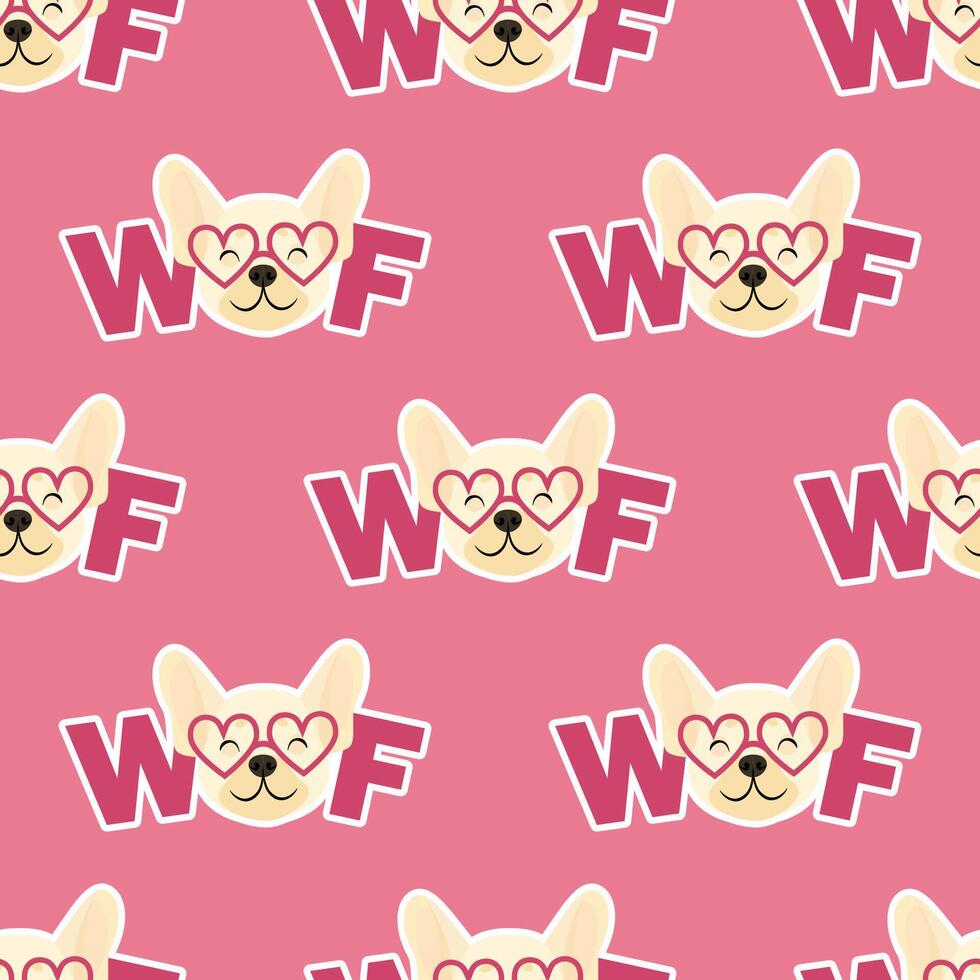 Pink seamless pattern of french bulldog heads and woof vector