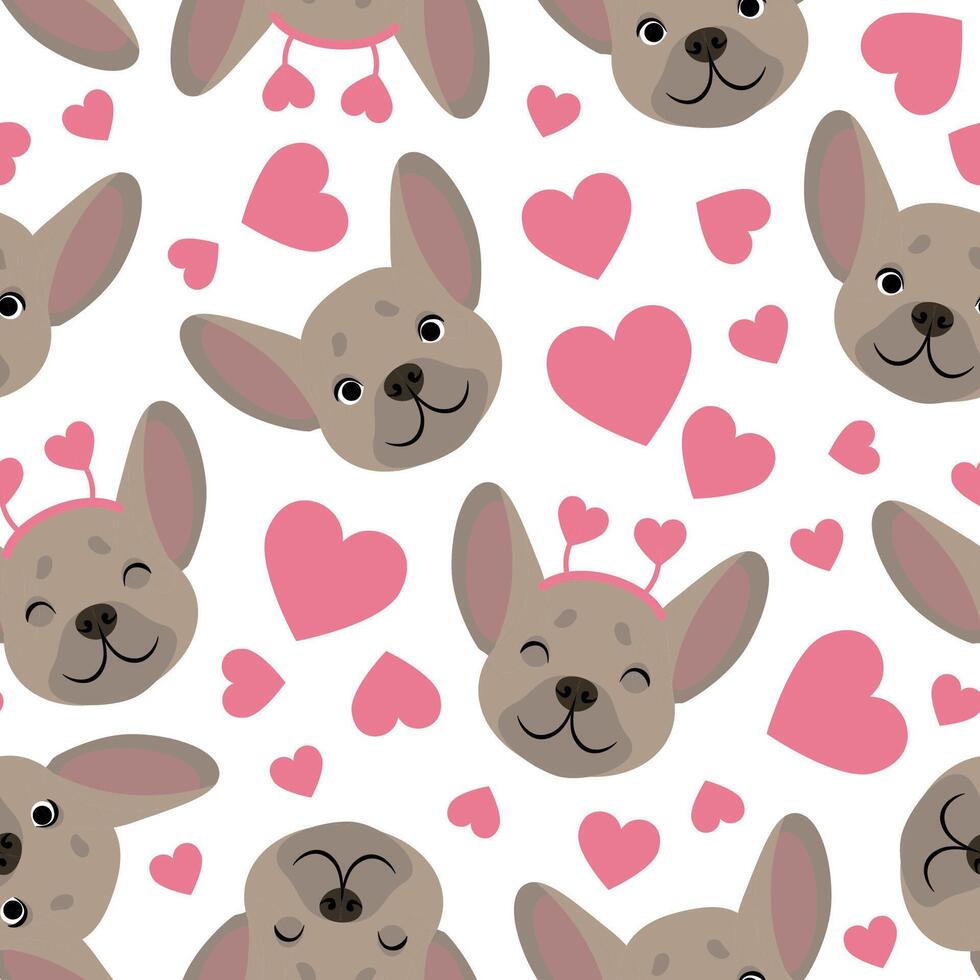 Seamless pattern of cute French bulldog heads with hearts for Valentine's Day vector