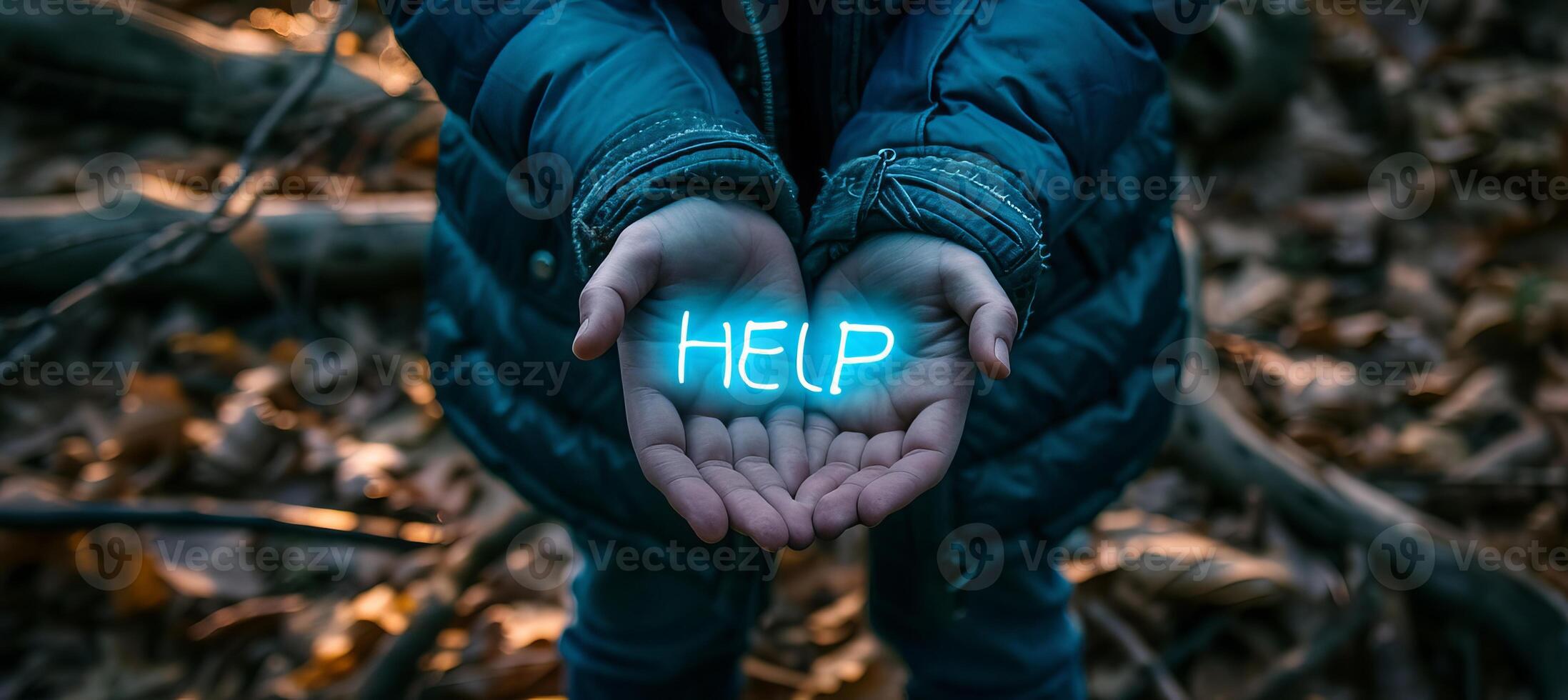 AI generated Interactive holographic shining text icon  help  displayed over mobile phone held in hand photo