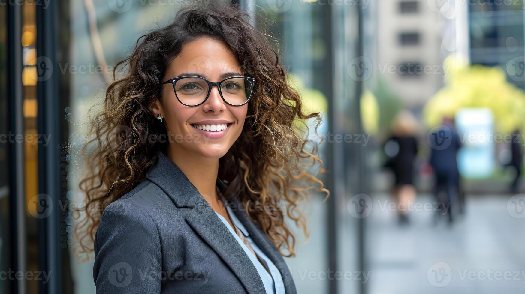 AI generated Happy businesswoman in glasses looking at job opportunities and business services advertisement photo