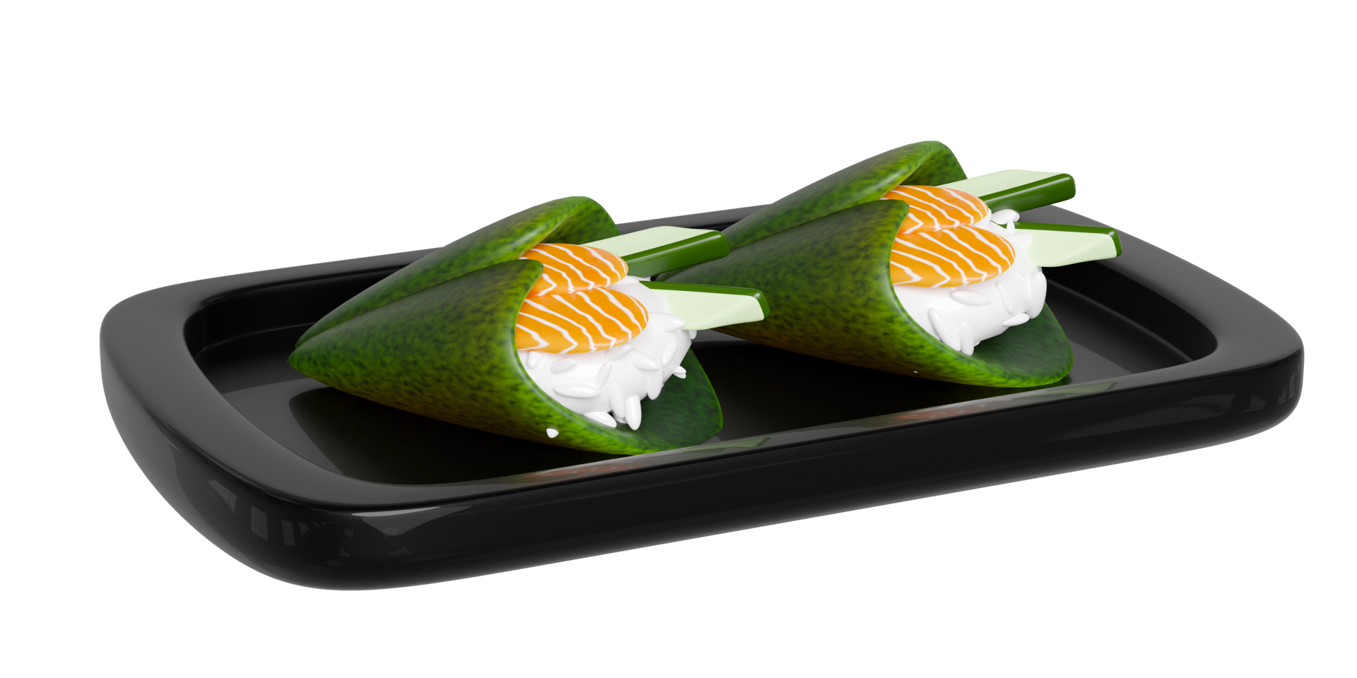 3d Temaki sushi with rice, salmon, cucumber, seaweed on food tray, japanese food isolated concept, 3d render illustration png