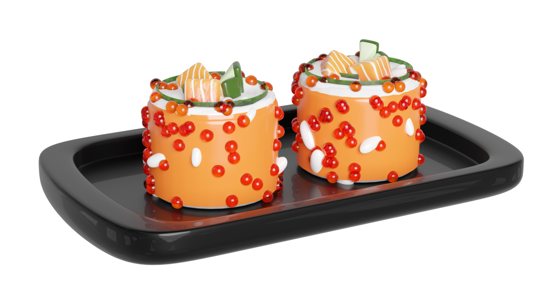 3d uramaki sushi på mat bricka, japansk mat isolerat begrepp, 3d framställa illustration png