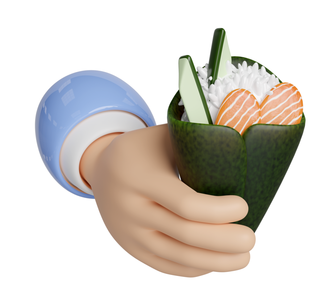 3d mano hold temaki Sushi con Riso, salmone, cetriolo, alga marina, giapponese cibo isolato concetto, 3d rendere illustrazione png