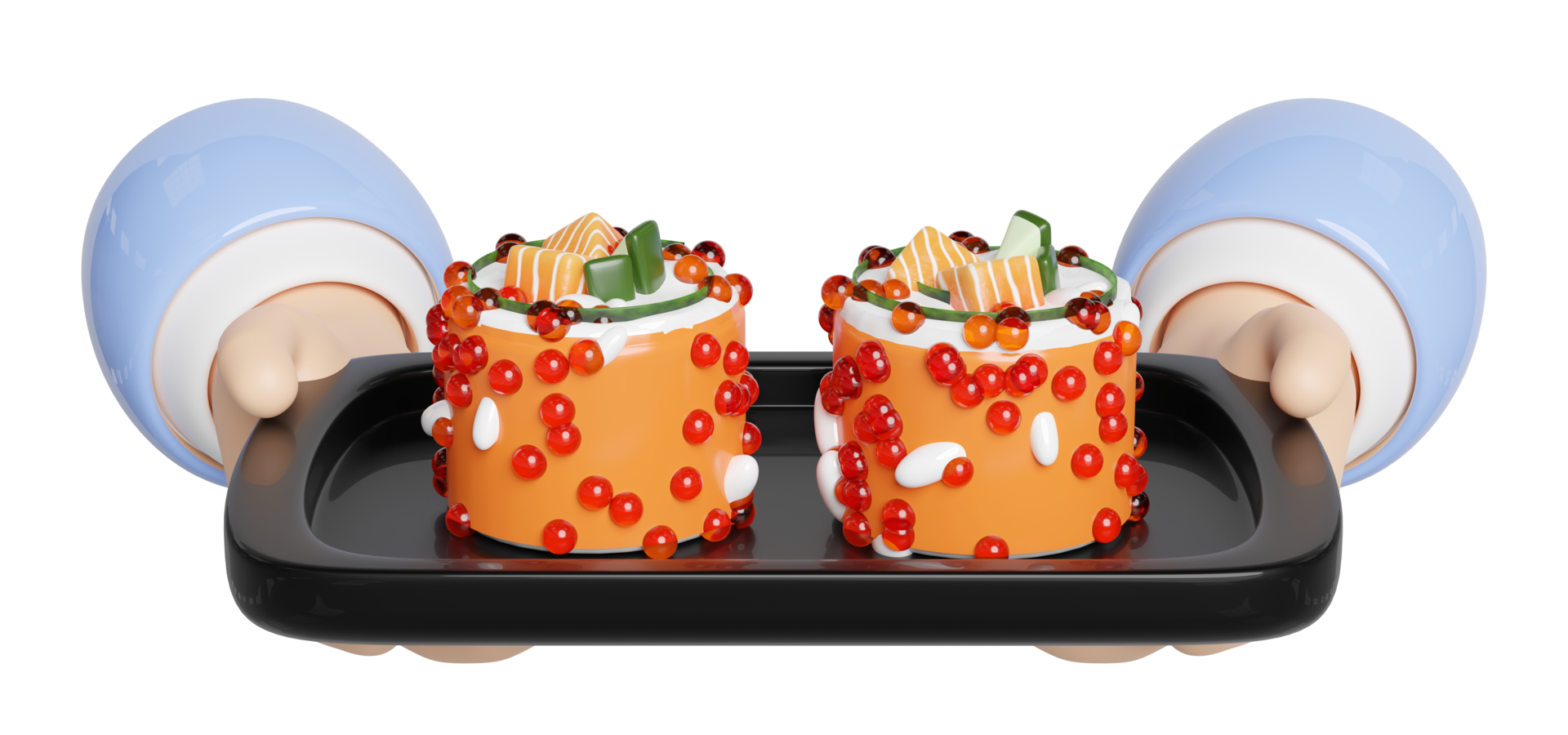 3d hand hold uramaki sushi on food tray, japanese food isolated concept, 3d render illustration png