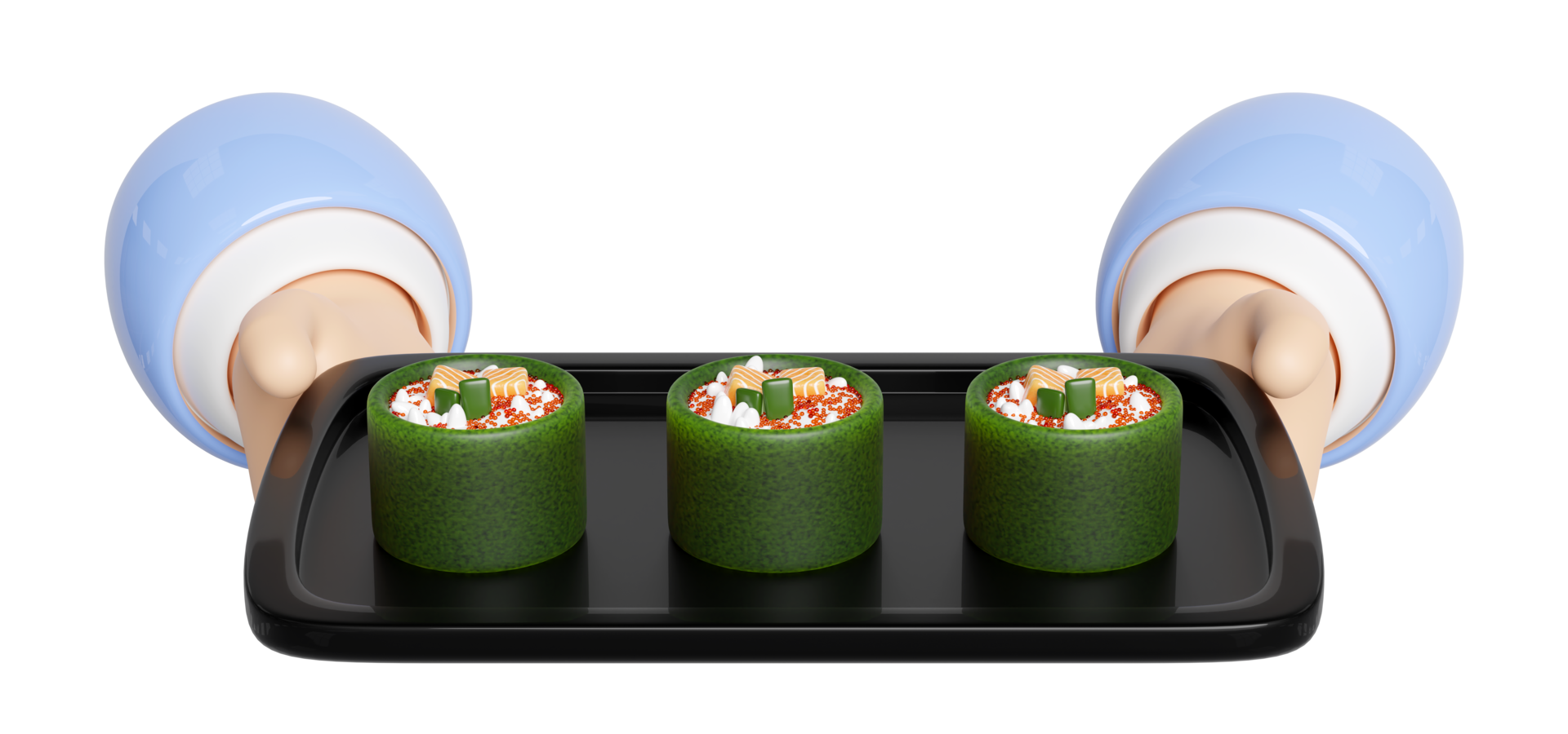 3d hand hold salmon onigiri sushi on food tray, japanese food isolated concept, 3d render illustration png