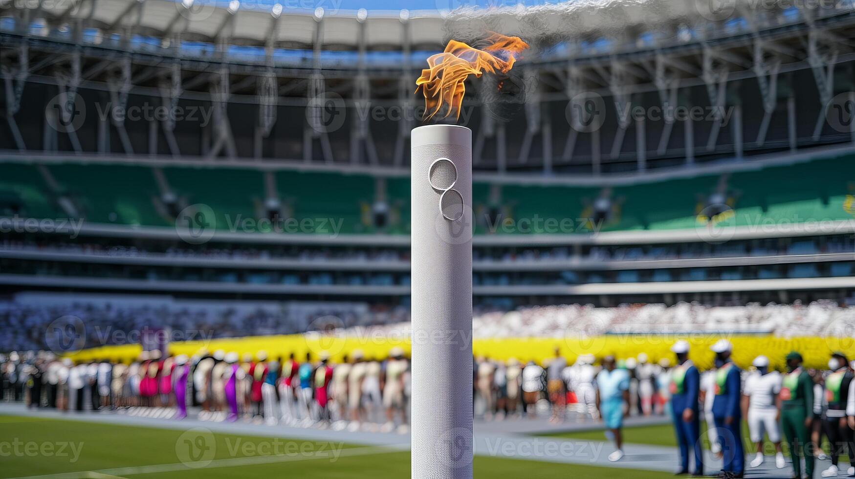 AI generated Blazing olympic torch ignites against blurred sports arena   perfect for text placement photo