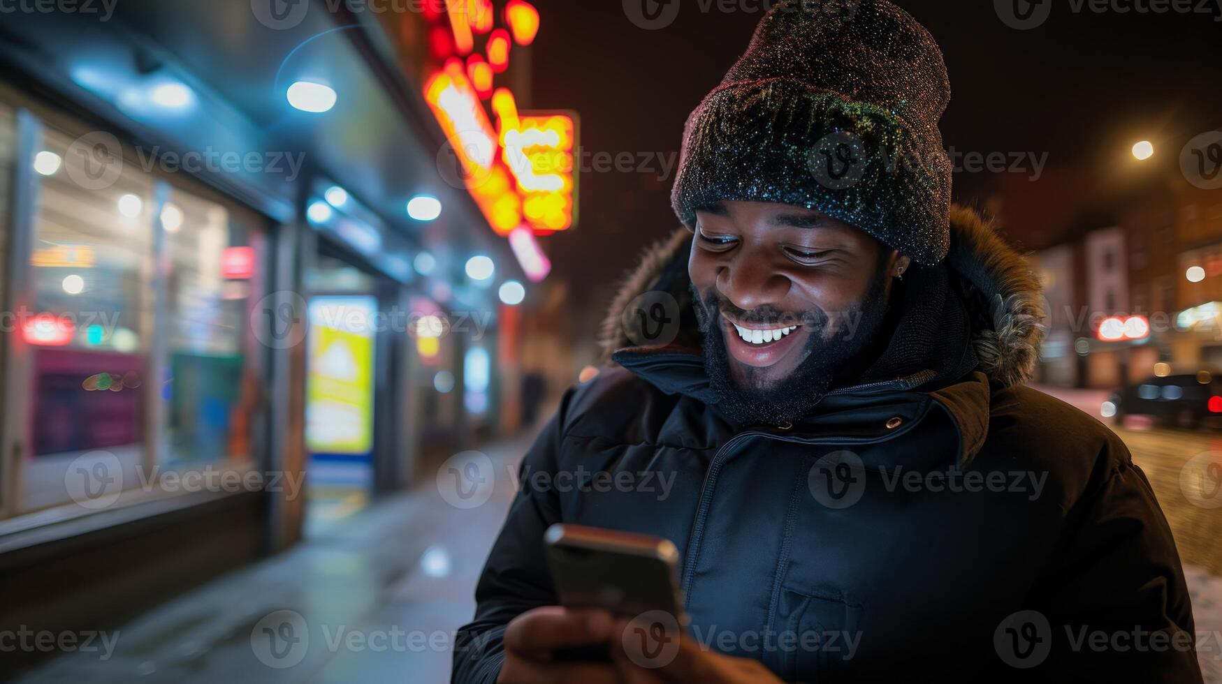 AI generated Happy bearded man with a pleasant smile looking at his smartphone while waiting at the bus station photo