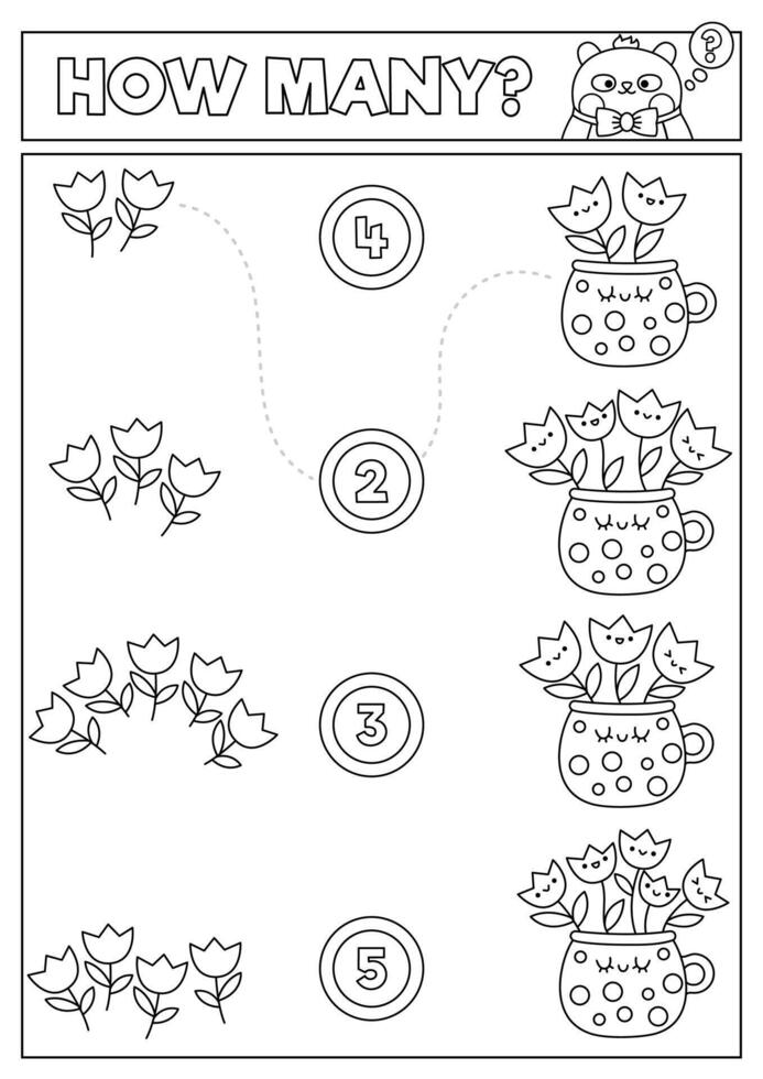 primavera negro y blanco pareo juego con linda kawaii tulipanes en taza. jardín matemáticas actividad para niños. educativo imprimible Pascua de Resurrección contando hoja de cálculo o colorante página con dibujos animados flores en maceta vector