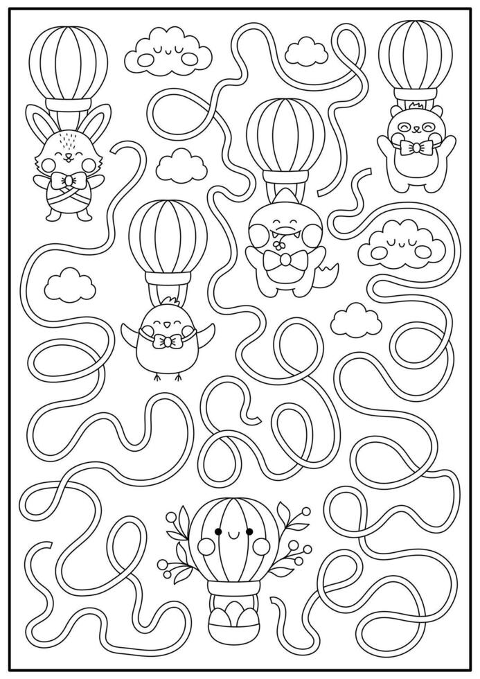 Easter black and white maze for kids. Spring holiday preschool printable activity with kawaii animals playing egg hunt and flying on hot air balloons. Garden labyrinth game or coloring page vector