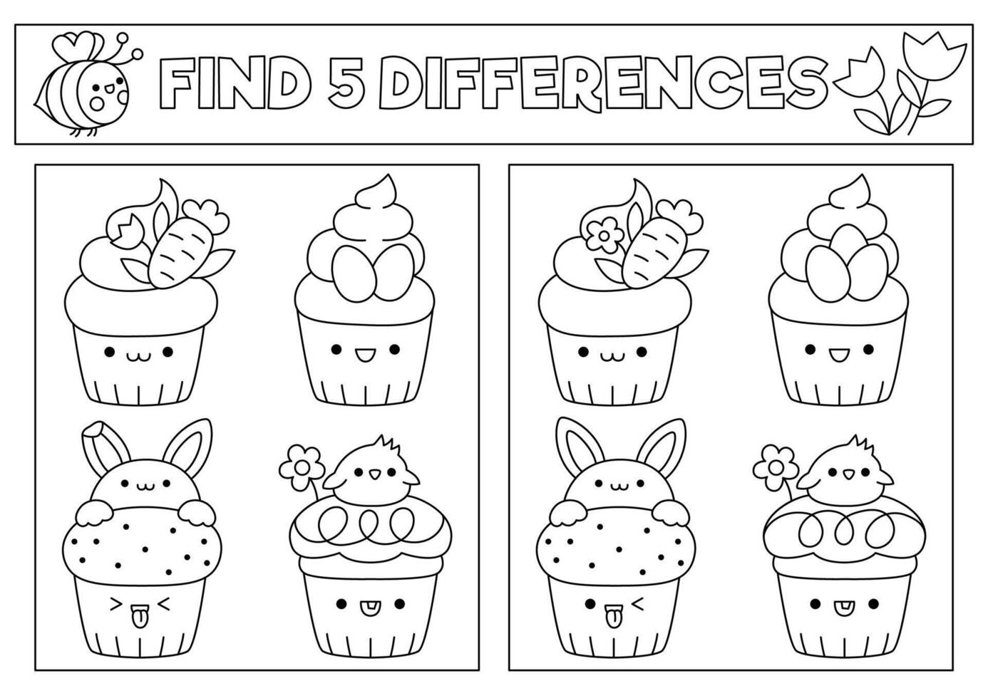 Easter black and white kawaii find differences game. Coloring page with cute cupcakes with carrot, flower, eggs. Spring holiday puzzle for kids with funny cup cakes. What is different worksheet vector