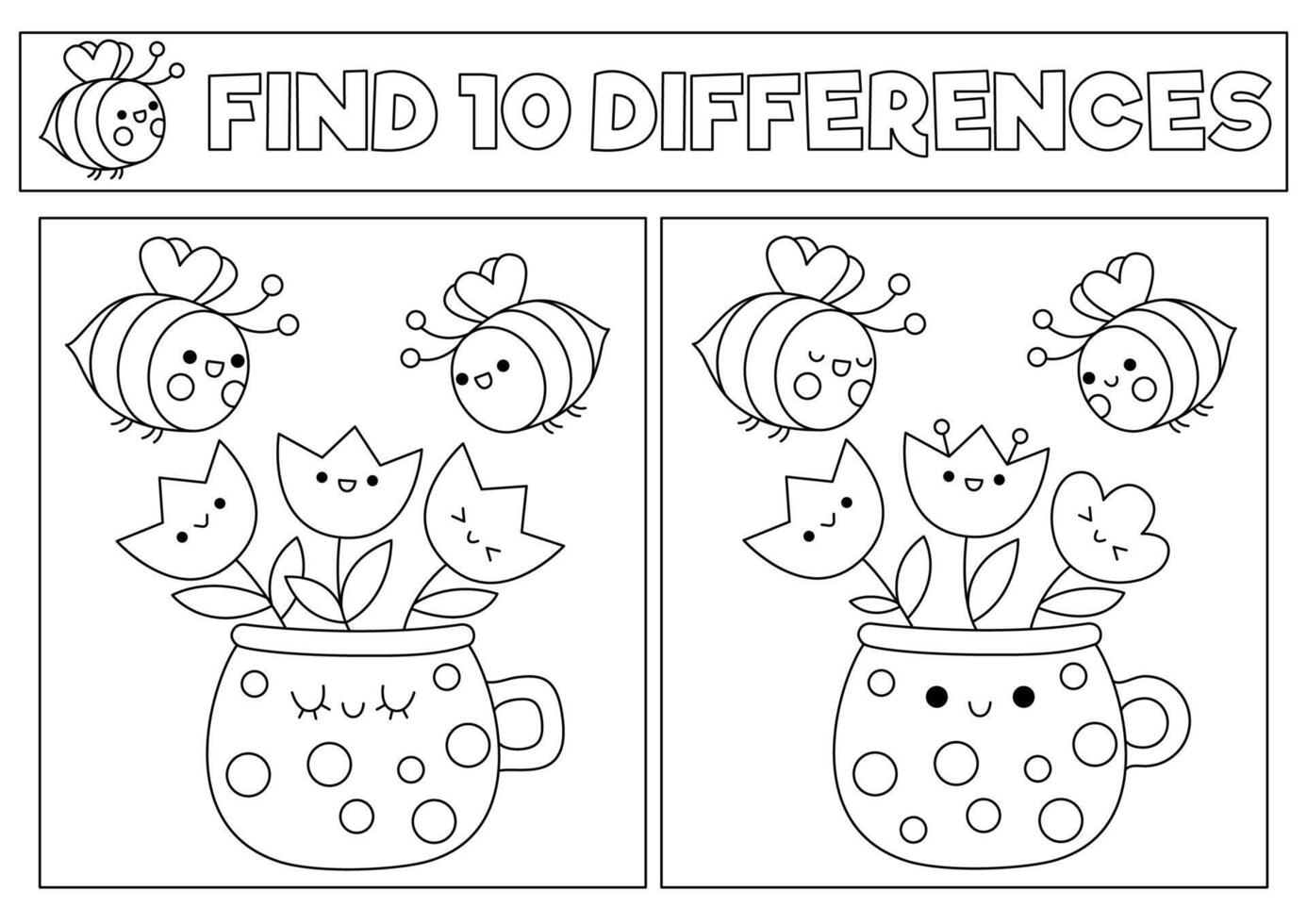 Garden black and white kawaii find differences game. Coloring page with cute bees and flowers in pot. Spring holiday puzzle or activity for kids. Printable what is different worksheet vector