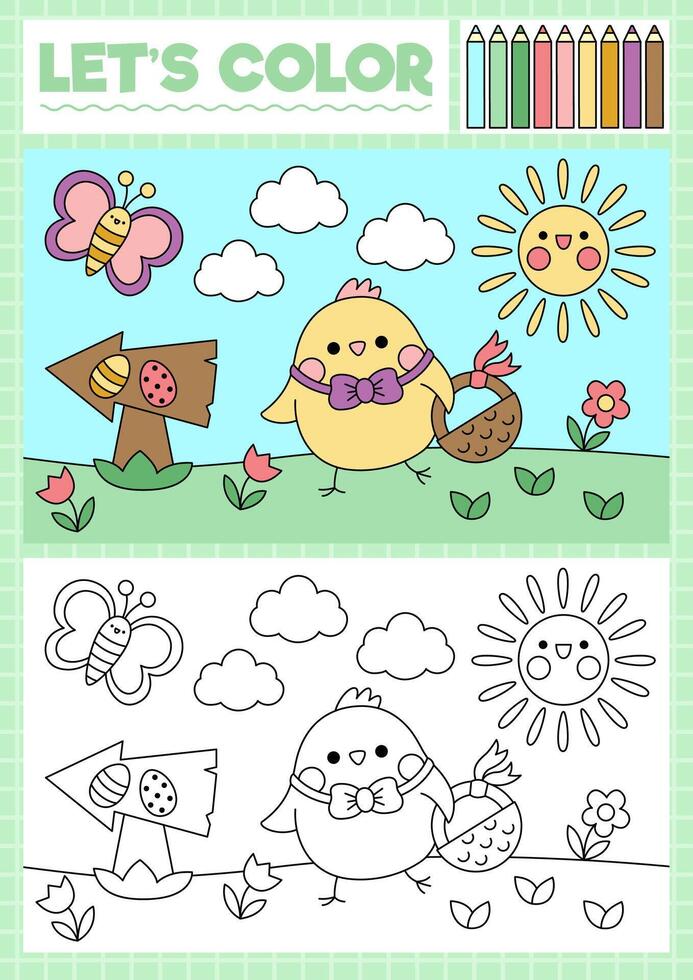 Easter coloring page for children with cute kawaii chick going on egg hunt. Vector spring holiday outline illustration. Color book for kids with colored example. Drawing skills printable worksheet