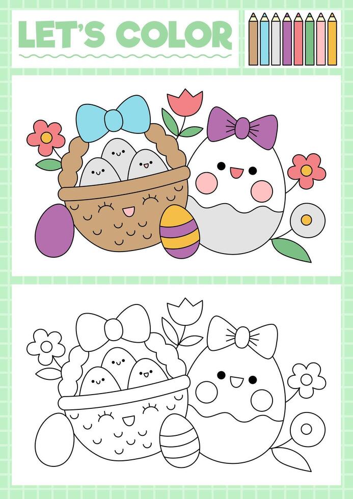 Easter coloring page for children with cute kawaii basket and egg. Vector spring holiday outline illustration. Color book for kids with colored example. Drawing skills printable worksheet