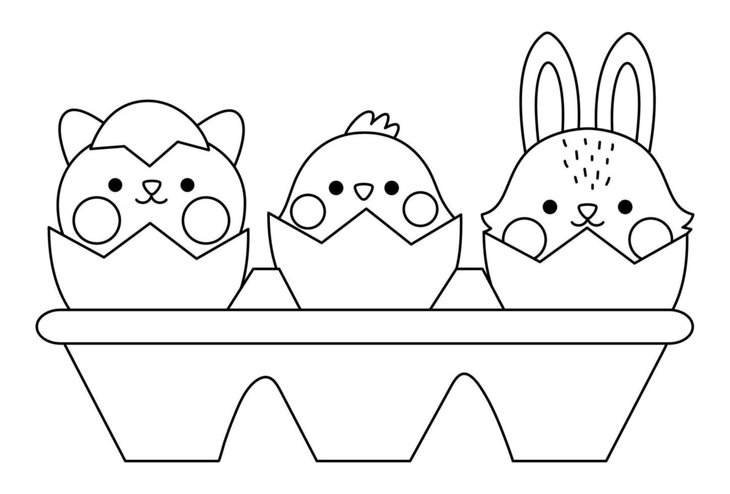 Vector black and white packaging with eggs and hatching kawaii animals. Easter line illustration with cute cat, chick and bunny sitting in shell. Cute spring icon or coloring page for kids