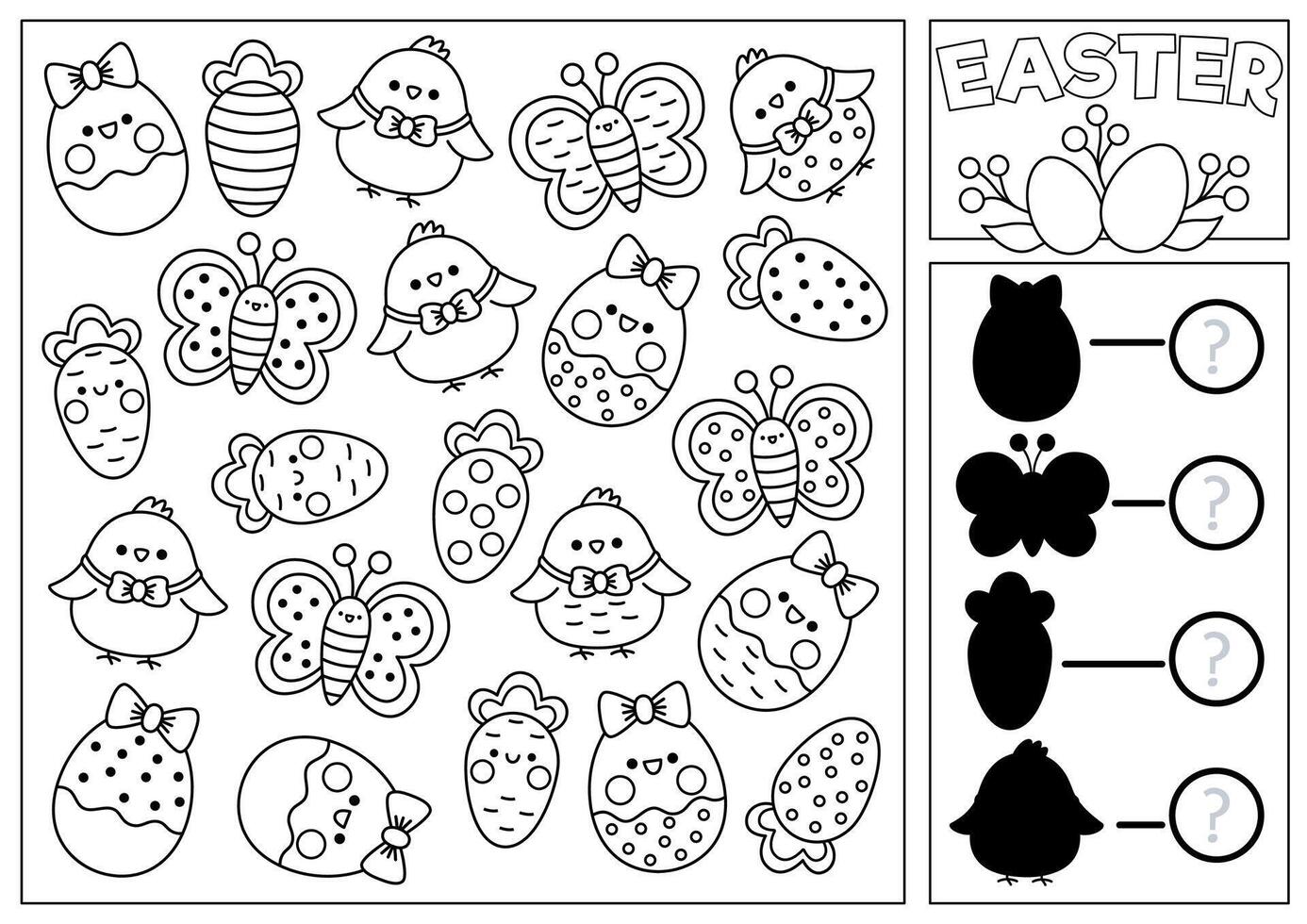 Easter black and white I spy and shadow match game for kids. Searching and counting activity with cute kawaii spring holiday symbols. Printable worksheet, coloring page with eggs, chicks, butterflies vector