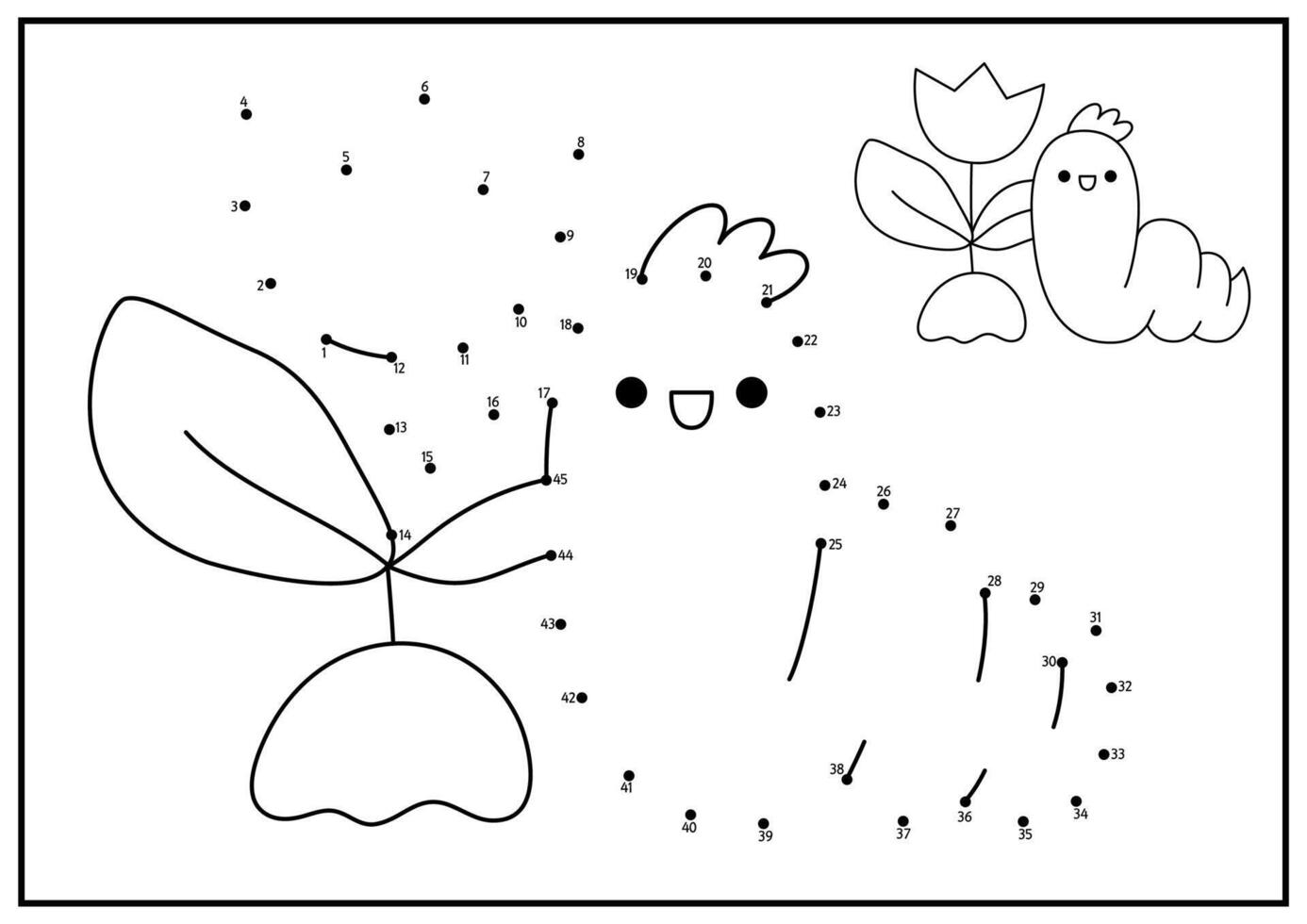 Vector spring dot-to-dot and color activity with cute kawaii worm and plant. Easter holiday connect the dots game for children with funny insect. Garden coloring page for kids. Printable worksheet