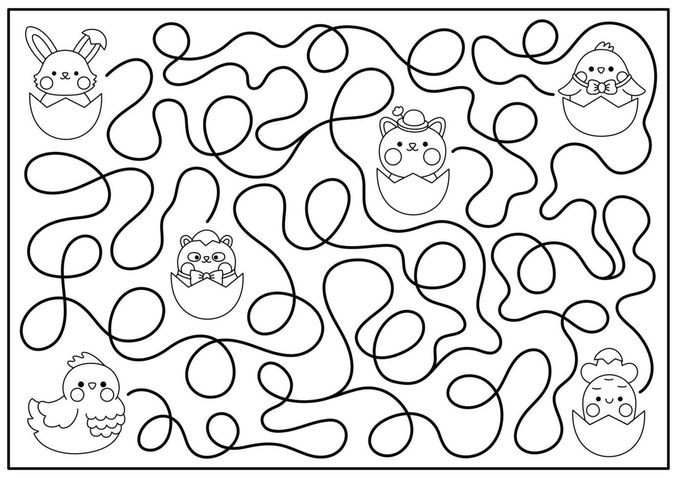 Easter black and white maze for kids. Spring holiday preschool printable activity with kawaii hen searching for chick. Garden labyrinth game, puzzle or coloring page with cute character vector