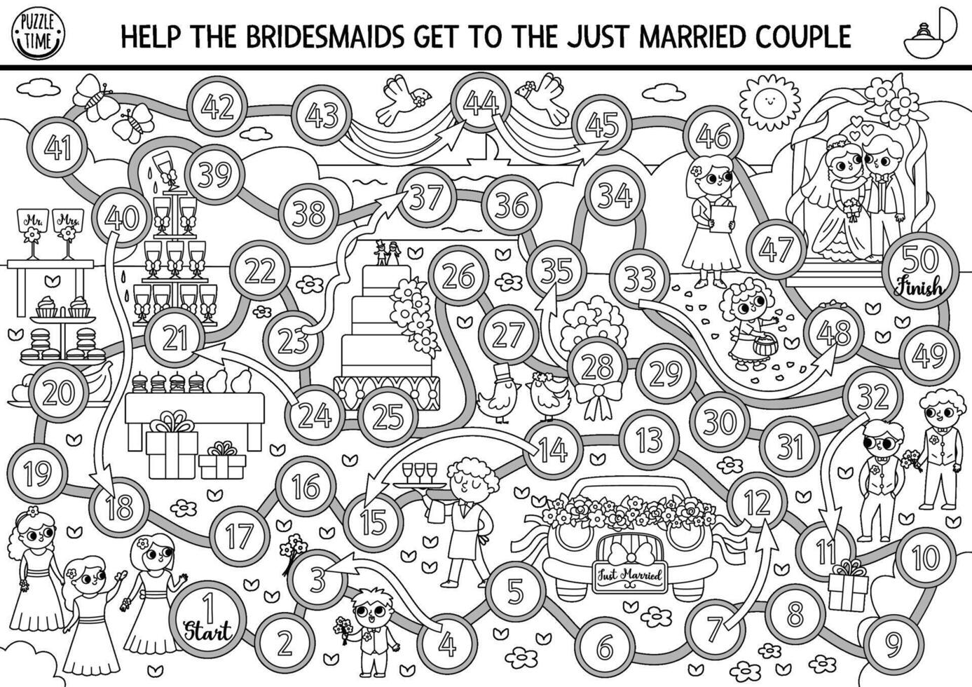 Wedding black and white dice board game for children with cute bride, groom, bridemaids, rings. Marriage ceremony scene boardgame.  Matrimonial printable activity, coloring page vector