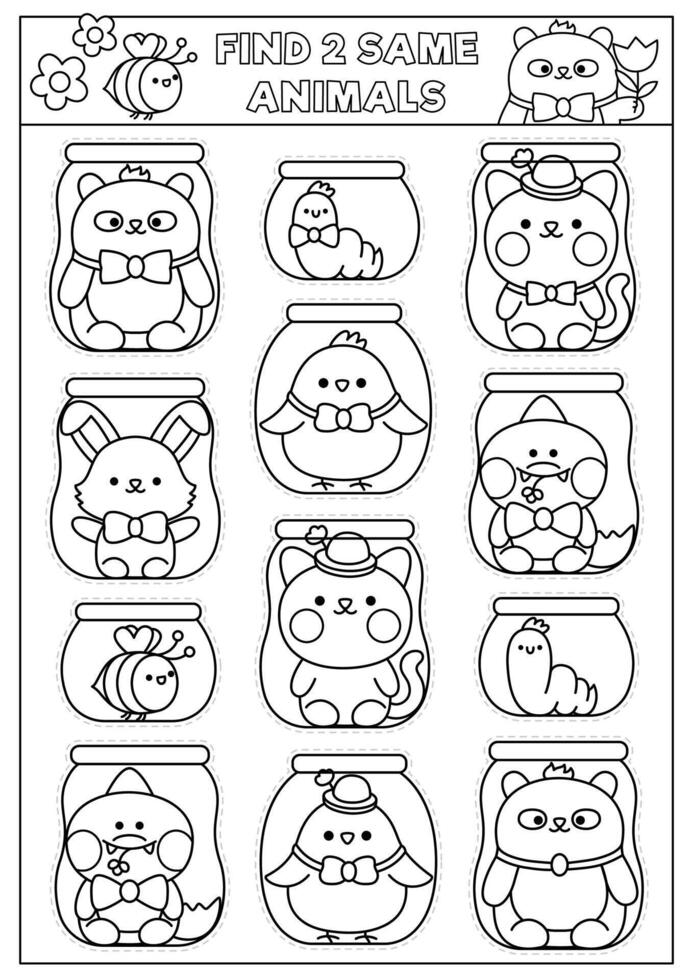 Find two same kawaii animals in jars. Easter black and white matching activity. Spring holiday line quiz or coloring page for kids. Simple printable game with chick, bunny, cat, panda vector