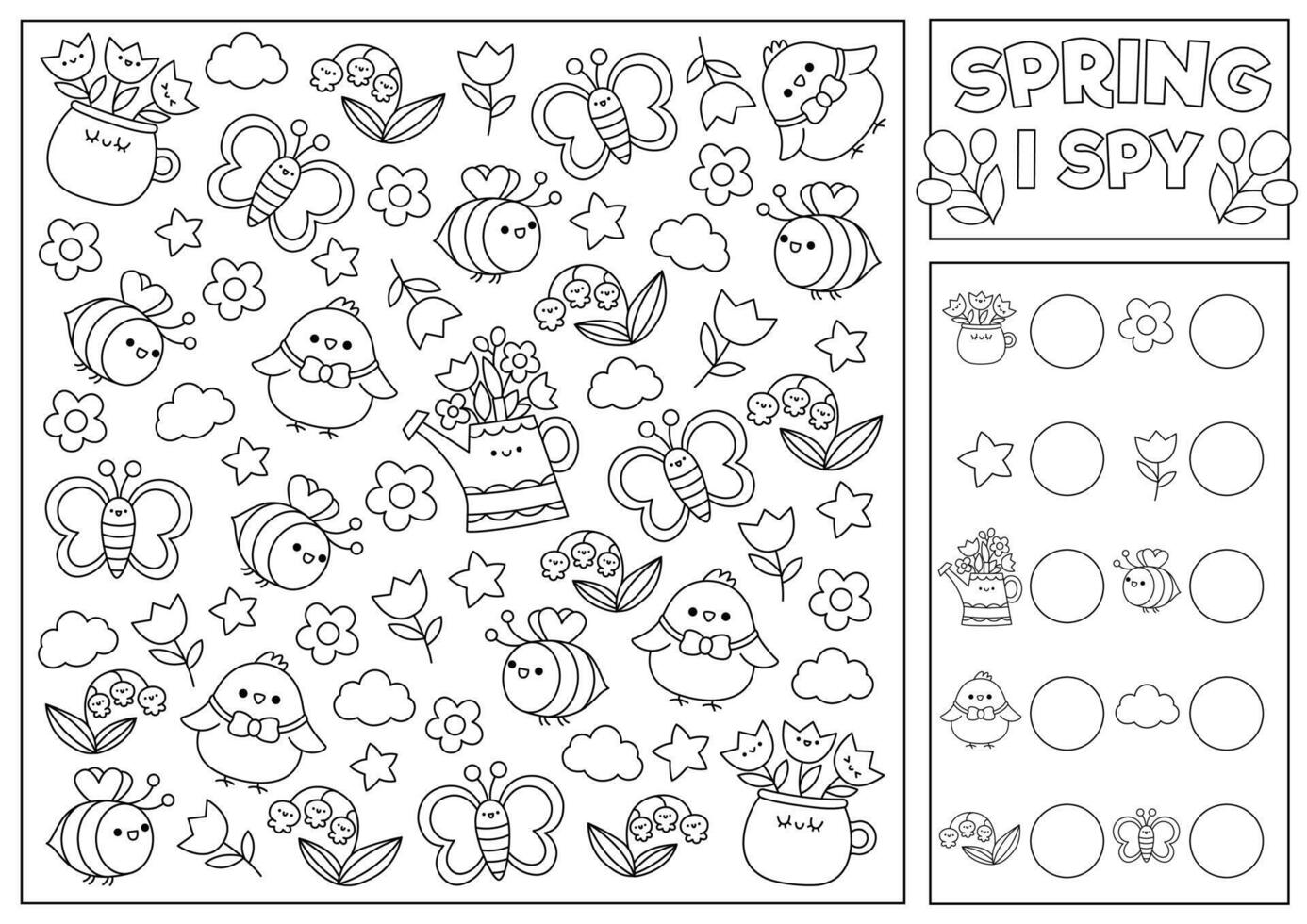 Spring or summer black and white I spy game for kids. Searching and counting activity with cute kawaii chick, bee. Garden printable worksheet, coloring page. Simple spotting puzzle with first flowers vector